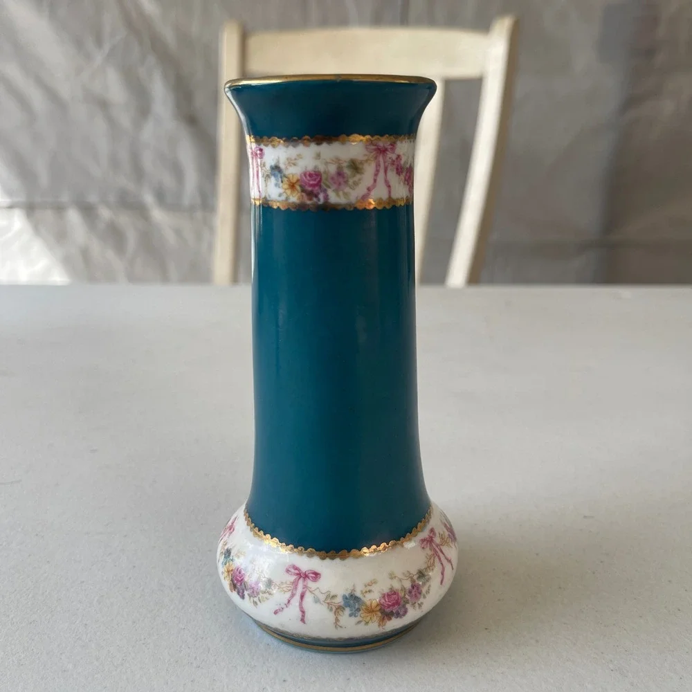 Vintage Teal Porcelain Bud Vase Fragonard Courting Scene Gold Gilt Floral 5.25in